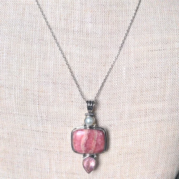 Rhodochrosite Pink Sterling Silver Pendant Necklace Rose Quartz & Pearl Accents - Picture 2 of 7